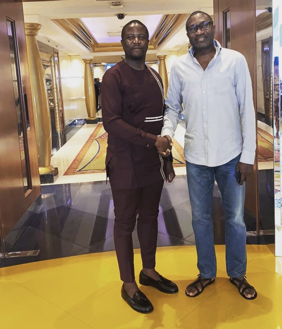 Bako Ambianda and Femi Otedola at Burg Arab Hotel in Dubai, UAE.